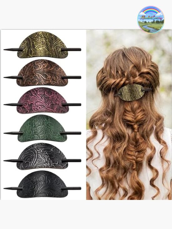 6 Pcs Faux Leather Oval Hair Barrettes with Wood Stick, Hair Clips Slider For main image 5